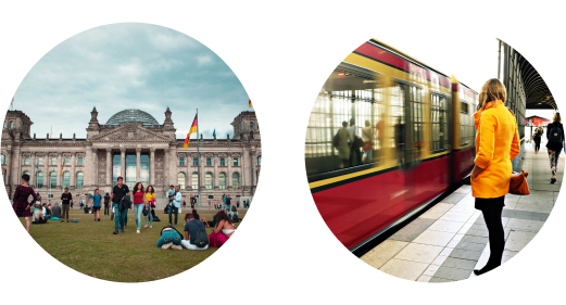 two circles in one you can see the Reichstag in the other one you see a person waiting for the S-Bahn